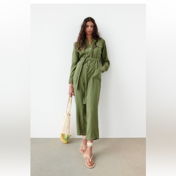 ZARA Khaki Green Long Sleeve Belted Ankle Length Jumpsuit Pants